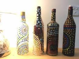 Diy Easy Bottle Decoration Using Cotton Swab And Acrylic Paint Acrylic Painting Diy Glass Bottle Painting Bottle Art