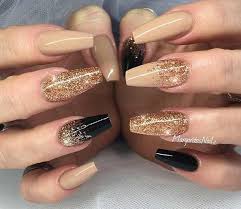 Black And Gold Glitter Coffin Nails Neutral Black And Gold Glitter Coffin Nail Art Design Nailartdesigns Prom Nails New Years Eve Nails Gold Nails