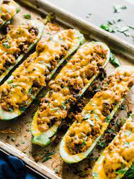 Stuffed Zucchini Boats With Ground Turkey Dad With A Pan Recipe Turkey Recipes Recipes Zucchini Boat Recipes