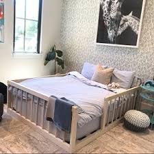 Montessori Floor Bed With Rails Full Or Double Size Floor Bed Hardwood Made In Usa Includes Slats Cama De Piso Cama En El Piso Cama Sencilla