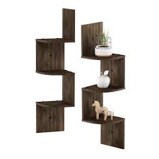 Furinno 3 Tier Columbia Walnut Wall Mount Floating Corner Radial Shelf Set Of 2 2fr16126cwn The Home Depot In 2020 Wall Shelf Decor Wall Mounted Corner Shelves Shelves