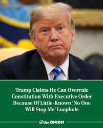 Trump Claims He Can Overrule Constitution With Executive Order Because Of  Little-Known 'No One Will Stop Me' Loophole  https://theonion.com/trump-claims-he-can-overrule-constitution-with-executiv-1830106306/
