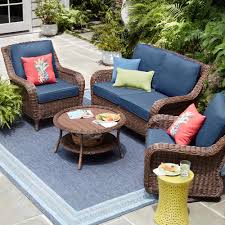 Hampton Bay Cambridge Brown Wicker Outdoor Patio Loveseat With Standard Midnight Navy Blue Cushions 65 Outdoor Patio Decor Backyard Furniture Outdoor Loveseat