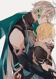 aether (genshin impact), alhaitham (genshin impact), genshin impact,  highres, 2boys, aqua eyes, aqua hair, black gloves, blonde hair, braid,  cape, detached sleeves, from side, gloves, grey background, grey hair, hair  between eyes,