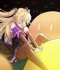 xue xue, fischl (genshin impact), genshin impact, slime, highres, 1girl,  blonde hair, blush, dress, frilled dress, frills, green eyes, open mouth,  pantyhose, pushing away, single thighhigh, spread legs, tears, thighhighs,  wavy mouth -