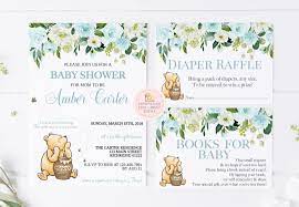 Vintage Winnie Pooh Invitation Template Set For A Boy Baby Etsy Baby Shower Kit Pooh Invitation Pooh Baby Shower