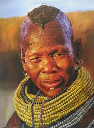 Turkana Tribe Oil Painting by Zimbabwean Artist Lawrence Nyemba. 1 metre x  1.3 metres.