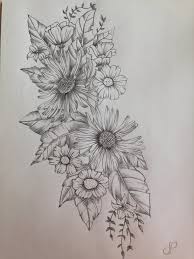 This one might seem a little obvious, but one of the most natural choices of other design elements to pair with flowers are the things flowers are found connected to in the natural world, namely leaves and stems. Into The Shading And Detailing On The Flowers Cute Tattoo Art Black Draw Drawing Flowers Leaves Flower Tattoo Drawings Tattoos Sunflower Tattoo Sleeve