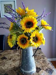 Sunflower Arrangement In Metal Pitcher 26 In Kitchen Centerpiece Farmhouse Decor In 2021 Sunflower Arrangements Flower Vase Arrangements Sunflower Table Centerpieces