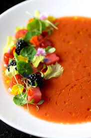 Pretty Watermelon Gazpacho With Blackberries Tomatoes Edible Flowers Watermelon Gazpacho Watermelon Recipes Watermelon And Feta