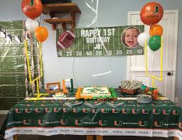 Birthday Ideas In Miami Miami Hurricanes Birthday Jb S Miami Hurricanes Football Party Catch My Party Miami Party Hurricane Party Miami Hurricanes Football