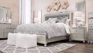Dark bedroom with a crispy white bed and a raw bench for a contrast. Glam 3 Piece Bed Dresser Mirror Nightstand Home Zone Furniture Furniture Stores Serving Dallas Fort Worth And Northeast Texas Mattress Sets Living Room Furniture Bedroom Furniture