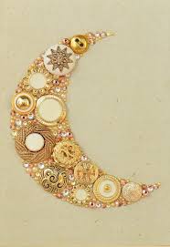 Framed Button Art Golden Moon Elegant Home Decor Celestial Symbols Button Artwork Golden Moon Decor Crescent Moon Wall Decor Button Art Vintage Jewelry Art Button Crafts