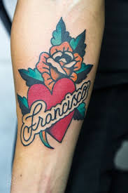 Rose Heart Script Traditional Tattoo By Javier Rodriguez Traditional Heart Tattoos Traditional Tattoo Tattoo Lettering