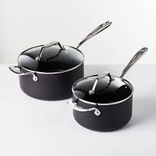 All Clad Essentials Non Stick Saucepans With Lids Set Of 2 Reviews Crate And Barrel In 2020 All Clad Crate And Barrel Saucepan