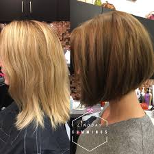 A Line Inverted Bob Stacked Layers Light Brown Hair Color With Highlights Light Brown Hair Hair Color Light Brown Light Hair Color