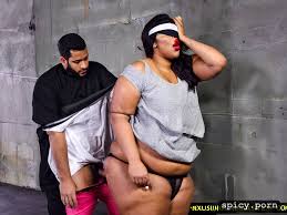 Image of curvy busy fat large bbw arab woman inside a bdsm sex dungeon  a9she is blindfolded - spicy.porn
