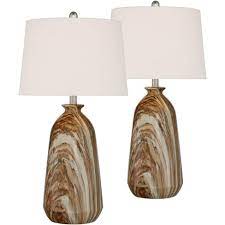 Rustic table lamps can be found with wooden, stone and glass accents. 360 Lighting Modern Rustic Table Lamps Set Of 2 Swirling Brown Faux Marble White Tapered Drum Living Room Bedroom House Bedside Target