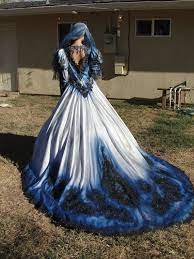 Gothic Wedding Gown In Metalic Blue And Black With Matching Veil Hand Painted And Dyed Halloween C Tie Dye Wedding Dress Dye Wedding Dress Punk Wedding Dresses
