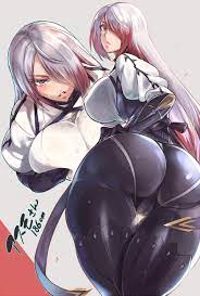 akinaie, asmodeus (megido72), megido72, silver hair, highres, translation  request, 1girl, ass, bodysuit, breast press, breasts, cameltoe, curvy, from  behind, hair over one eye, hand on own hip, huge ass, huge breasts, leaning