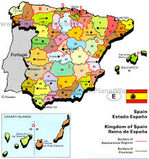 Detailed large political map of spain showing names of capital cities, towns, states, provinces and boundaries with neighbouring countries. Spain Regions Map