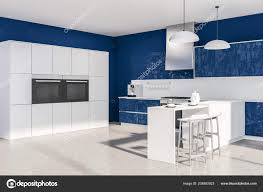 corner modern kitchen blue walls stone