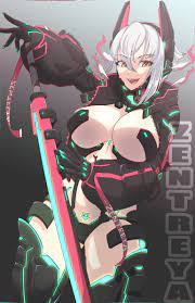1girls alternate version available big breasts casual clothing  cute cybernetics female female only gloves looking at viewer outerwear pale  skin peachcupp pubic tattoo silver hair sword thick thighs virtual