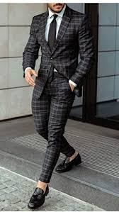 Black And White Check Suit Mens Checked Mens Business Suit Outfit With Black Sockless Shoes Mens Fashion Suits Dress Suits Mens Outfits