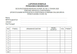 Contoh laporan kerja bulanan manual téntunya akan; Format Laporan Kinerja Pengawas Madrasah Sesuai Edaran Menteri Agama Se No 2 Tahun 2020 Tentang Bekerja Dari Rumah Antapedia Com