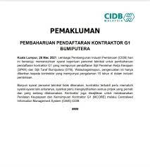 Sijil perolehan kerja kerajaan (spkk) oleh cidb c. Cidb Malaysia Pemakluman Pembaharuan Pendaftaran Kontraktor G1 Bumiputera Kuala Lumpur 26 Mac 2021 Lembaga Pembangunan Industri Pembinaan Cidb Hari Ini Bersetuju Memansuhkan Syarat Keperluan Personel Teknikal Untuk Pembaharuan Pendaftaran