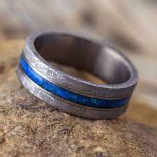 Meteorite And Dark Blue Opal Men S Wedding Band In Matte Titanium 4206 In 2021 Mens Wedding Bands Blue Mens Wedding Bands Mens Wedding Bands Unique