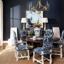 Inspiration for a farmhouse dining room in london with blue walls, dark hardwood flooring and brown floors. Dark Blue Dining Room Rug Design Ideas
