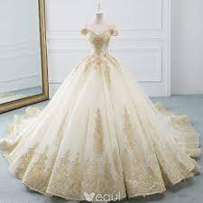 Luxury Gorgeous Champagne Wedding Dresses 2019 A Line Princess Off The Shoulder Short Sleeve Backless Gold Appliques Lace Beading Cathedral Train Ruffle Wedding Dress Champagne Ball Gowns Wedding A Line Wedding Dress