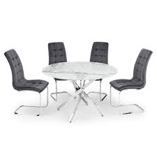 Complete your dining room with one of frances hunt's dining room table sets. Lara Round 120cm White Marble Dining Table 4 Or 6 Velvet Chrome Leg Dining Chairs The Furniture Mega Store