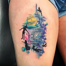 Delicate Flower Tattoos Peter Pan Inspired Watercolor Thigh Tattoo Denim Shorts Big Ben Watercolor Tattoo Big Ben Tattoo Tattoos