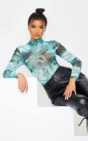 Emerald Green Dragon Print Mesh High Neck Long Sleeve Bodysuit Long Sleeve Bodysuit Dragon Print High Neck Long Sleeve