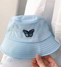 Butterfly Bucket Hat Baby Blue Bucket Hat Embroidered Butterfly Patch Blue Butterfly Cotton Outfits With Hats Hat Aesthetic Bucket Hat Fashion