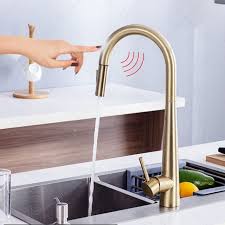 This product is a monobloc mixer with a single lever and manufactured to the highest standards. New Modern Design Brushed Gold Finish Touch Kitchen Faucet Deck Mount Pull Out Spray