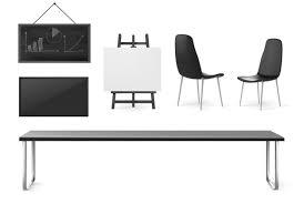 The dimensions of these conference chairs are the 22.4×19.3×31.5 inch and are black in color. Free Vector Boardroom Furniture And Stuff Conference Room For Business Meetings Training And Presentation Company Office Interior Table Chairs Screen And Board Isolated On White Background 3d Set