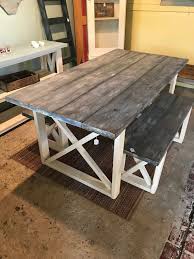 Rustic Farmhouse Table With Benches With White Wash Charcoal Stain Top And Weather White Base And Cross Brace Design In 2020 Rustic Farmhouse Table Rustic Kitchen Tables Farmhouse Table With Bench