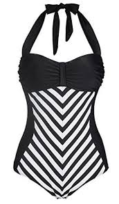 Black And White Striped One Piece Bathing Suit Cocoship Retro Black White Striped Vintage One Piece Splice Swimwear Chevron Lines Halter Swimsuit Xl Fba Fashion Vintage One Piece Swimsuits Womens Fashion