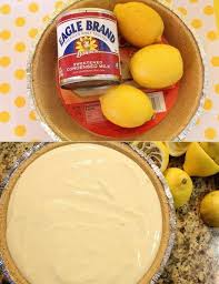 No Bake Lemon Pie Mix 3 4 Cup Lemon Juice And 2 Cans Eagle Brand Milk Stir And Pour Into A Graham Cr Lemon Pie Recipe Lemon Dessert Recipes No Bake Lemon Pie