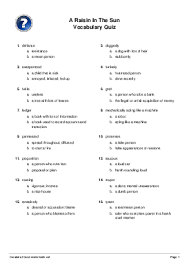 A Raisin In The Sun Vocabulary Quiz Multiple Choice Worksheet Quickworksheets
