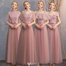 Chic Beautiful Pearl Pink Lace Bridesmaid Dresses 2019 A Line Princess Bow Sash Floor Length L Pakaian Pernikahan Gaun Perempuan Gaun Pengantin Sederhana