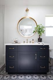 Each thursday, the internet and social media are flooded with interior design inspiration, ideas, and encouragement. Navy Bathroom Vanity With White Quartz Countertop Transitional Bathroom Modern Bathroom Tile Round Mirror Bathroom Bathroom Inspiration