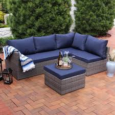 Sunnydaze Decor Port Antonio Gray 4 Piece Metal Patio Sectional Seating Set With Dark Blue Cushions Mlm 665 The Home Depot Patio Sofa Set Conversation Set Patio Outdoor Sofa
