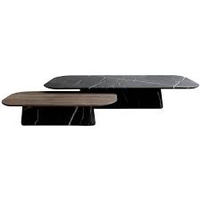 Round black metal coffee table with glass top 31.5 in. Two Pedestal Coffee Tables In Black Marble And Walnut Wood Set For Sale At 1stdibs