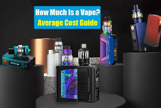 Various vape box mods and pod devices displayed on pedestals with How Much Is a Vape Average Cost Guide text VapeFeat