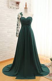 Forest Green Floor Length Chiffon Evening Dress Featuring Ruched Sweetheart Illusion Bodice With Lace Appliques Sheer One Shoulder Dark Green Prom Dresses Green Prom Dress Green Evening Dress