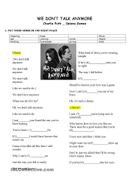 Song Worksheet We Dont Talk Anymore We Dont Talk Anymore We Dont Talk Songs